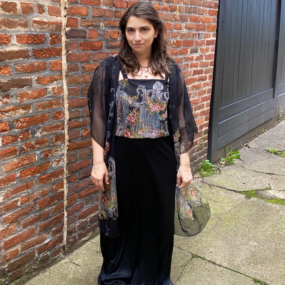 1970s Volup Vintage Black Maxi Dress & Duster Set with Rococo Floral Print XL